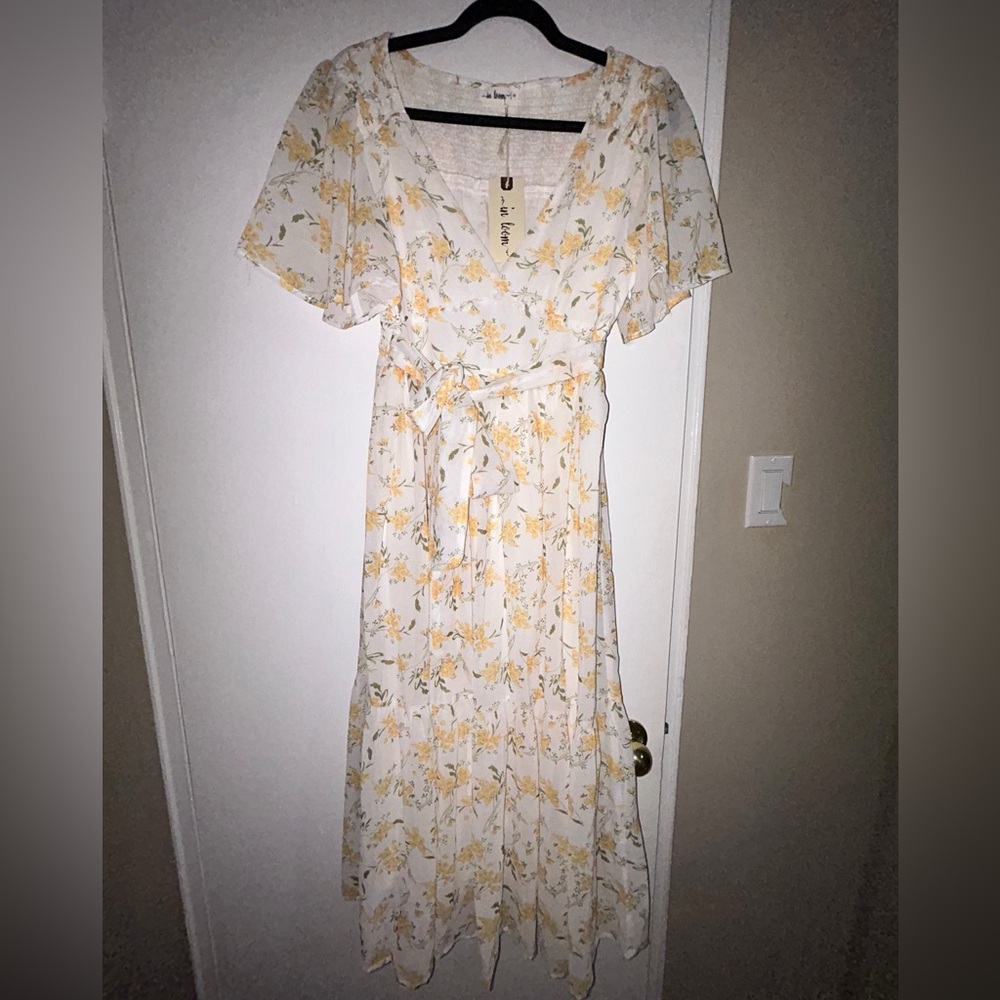 White & Yellow Floral Midi Dress